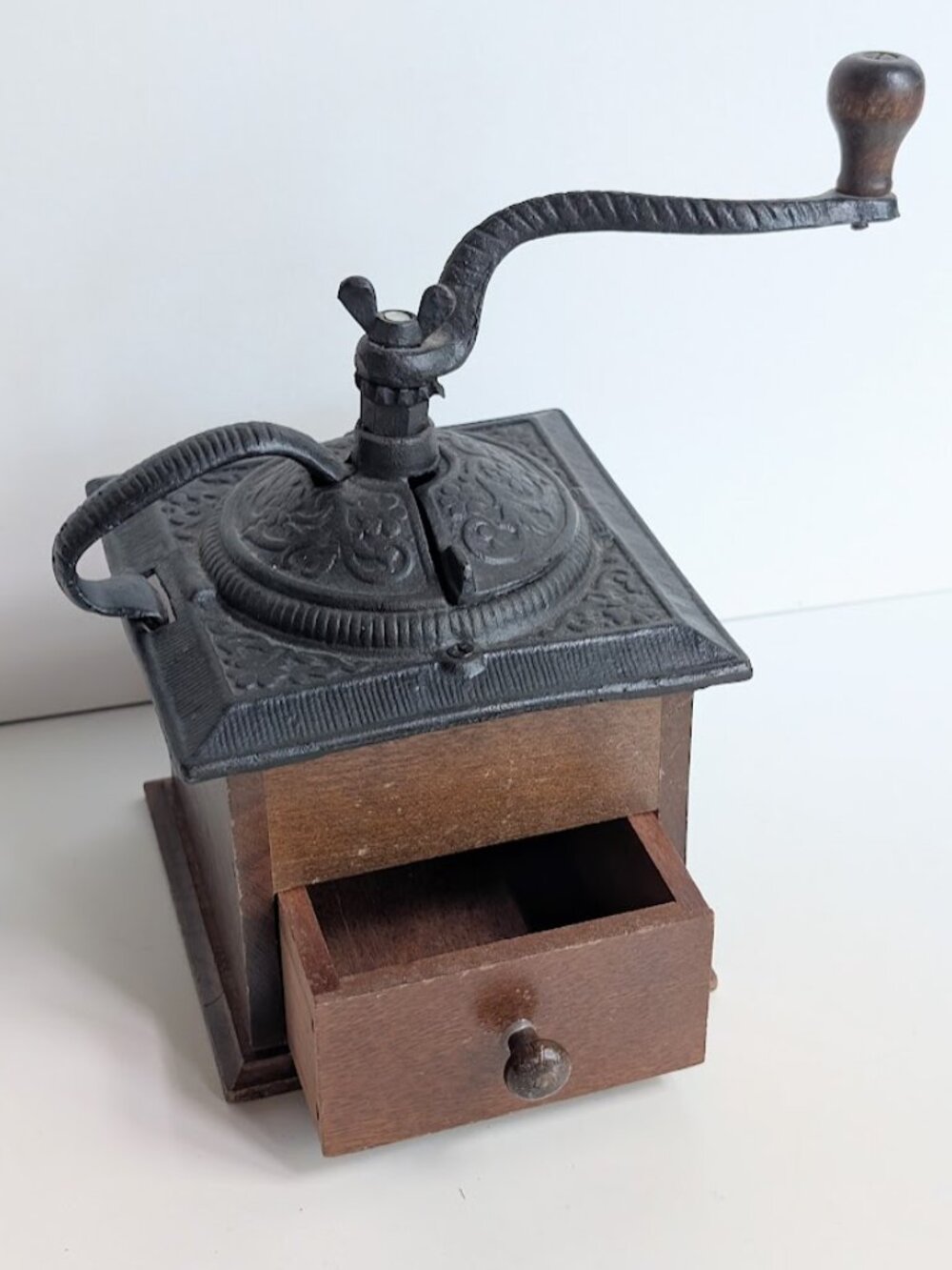 Vintage Cast Iron & Wood Hand Crank Coffee Grinder
